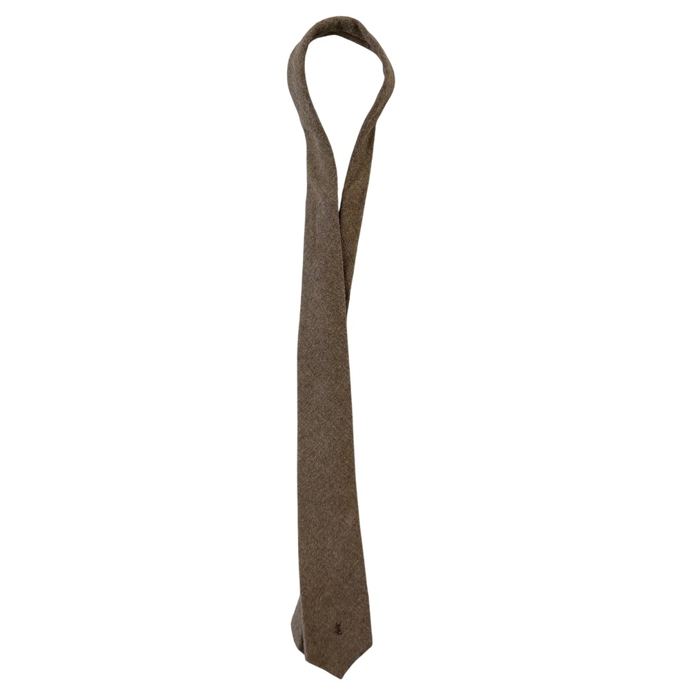 Yves Saint Laurent Mens Tie Tan Brown Wool Blend Heather Mist Logo Italy Vintage
